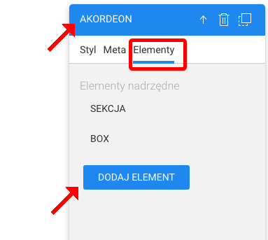 dodaj element tekstowy do akordeonu
